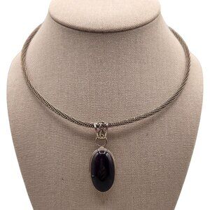 Amethyst Pendant Silver Tone Mesh Choker Necklace
